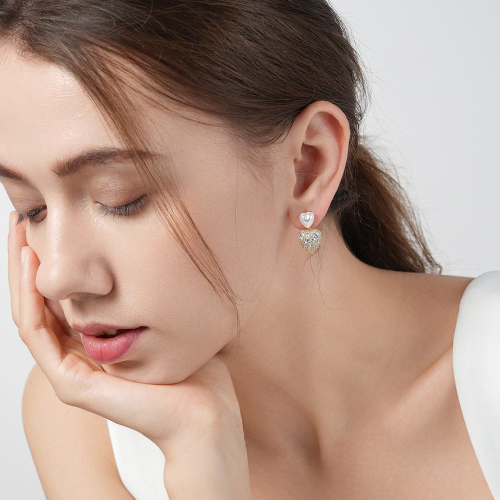 925 Silver Needle Light Luxury Micro-Paved Sparkling Diamond Pearl Heart Earrings