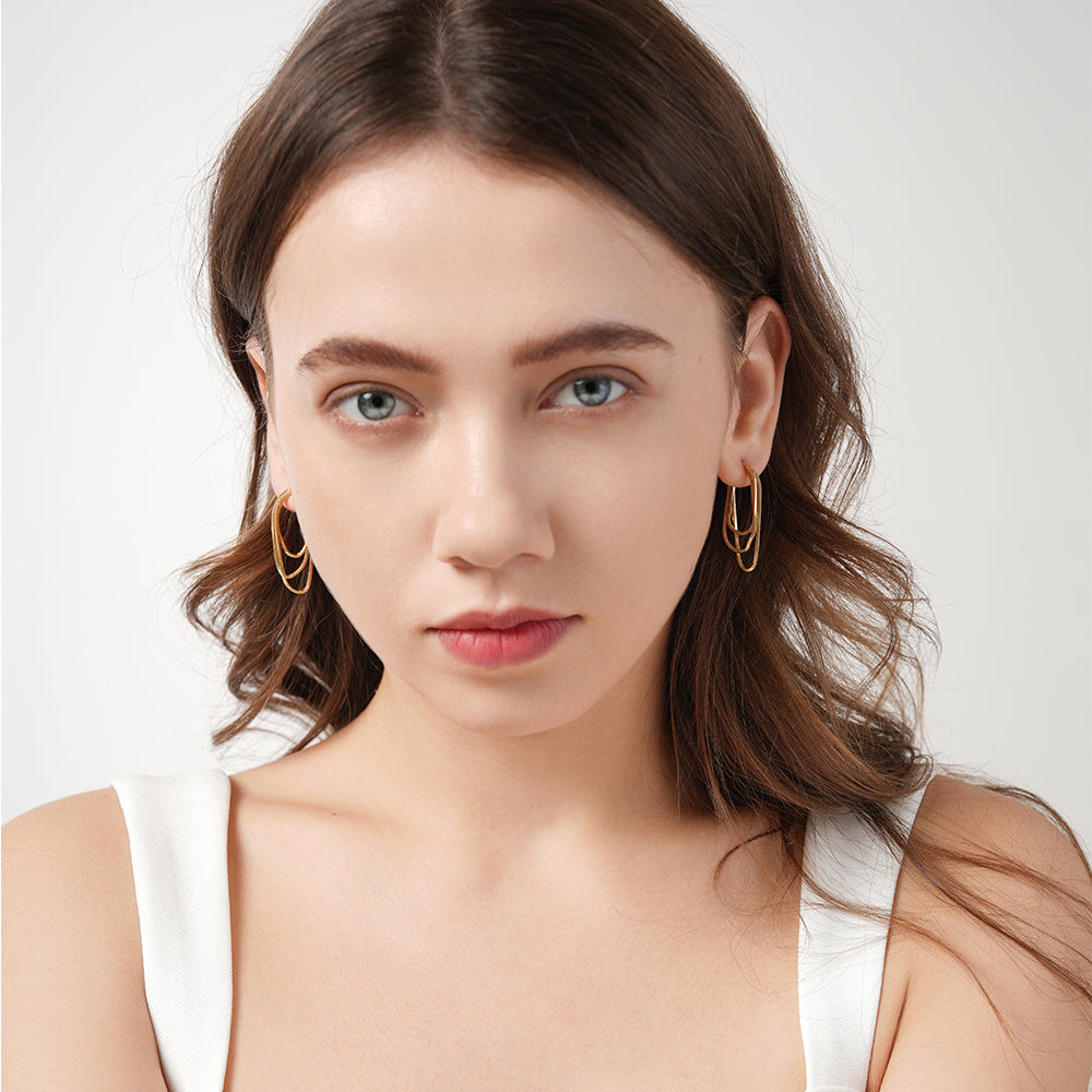 Metallic style three-layer chain tassel earrings