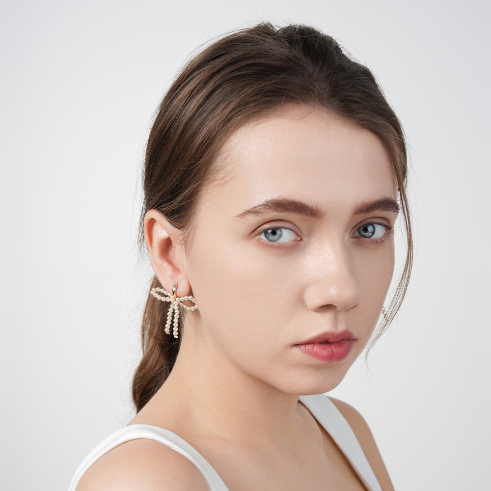 Lady-style bow-knot gentle girl pearl earrings